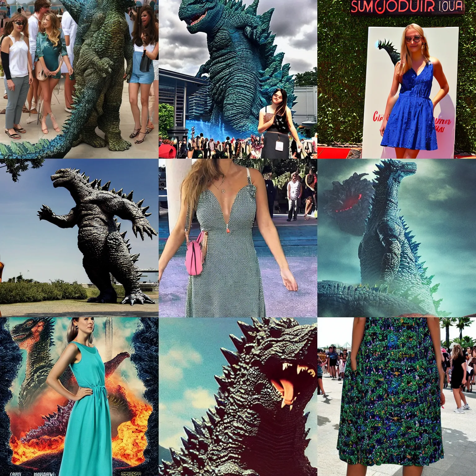 Prompt: The most beautiful huge summer-dress on Godzilla