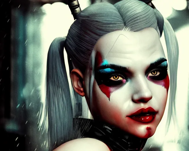 Prompt: closeup headshot of seductive harley quinn in the rain, bladerunner, backlit, night club, futurepunk, gta v, pinup, nagel, arney freytag, dark moody, cinematic, greg rutkowski, octane!