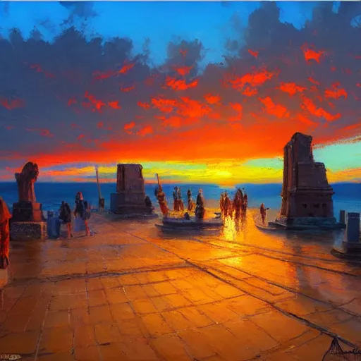 Image similar to acrylic painting, impressionism and expressionism, bold pastel colors, expressive brushstrokes, a spectacular sunset over the shore of the island of monuments and statues, by andreas rocha, trending on artstation