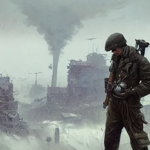 Image similar to a highly detailed epic cinematic concept art CG render digital painting artwork. dieselpunk/sovietpunk. smoke, pollution, poverty. By Greg Rutkowski, Ilya Kuvshinov, WLOP, Stanley Artgerm Lau, Ruan Jia and Fenghua Zhong, trending on ArtStation, made in Maya, Blender and Photoshop, octane render, excellent composition, cinematic atmosphere, dynamic dramatic cinematic lighting, aesthetic, very inspirational, arthouse