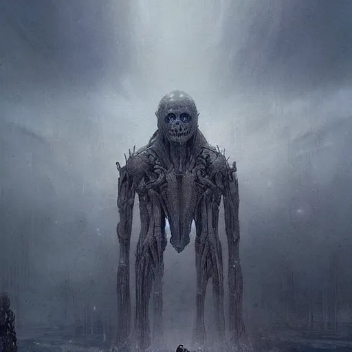 Image similar to a beautiful terrifying immense pale humanoid giant looms over a tiny human. ethereal horror fantasy art by greg rutkowski and hr giger