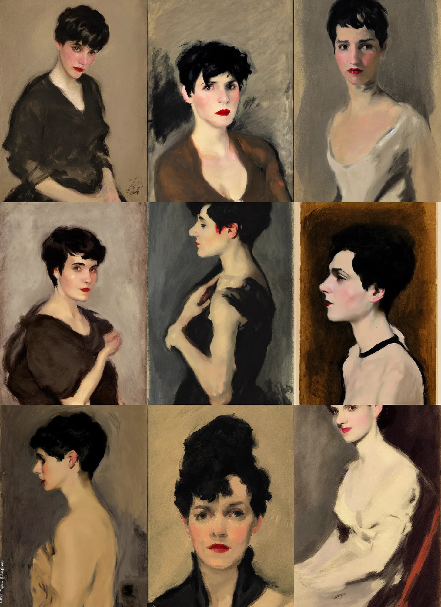 Prompt: portrait of a woman with a black pixie cut, in the style of john singer sargent