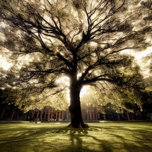 Prompt: a beautiful giant tree growing in the middle of a Victorian library. dramatic light, 4K