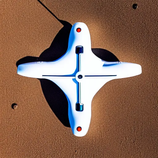 Prompt: sleek white industrial drone, with googly eyes, for monitoring the australian desert, XF IQ4, 150MP, 50mm, F1.4, ISO 200, 1/160s, dawn, golden ratio, rule of thirds