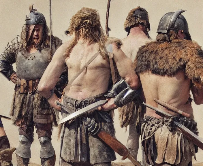 Image similar to a small garrison of barbarian men dressing for battle, art by denys tsiperko and bogdan rezunenko, hyperrealism