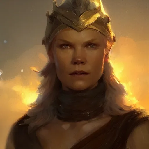 Prompt: a beautiful Norse Warrior based on Judy Dench with glowing aura by Greg Rutkowski and Raymond Swanland, Trending on Artstation, cloudy background, ultra realistic digital art