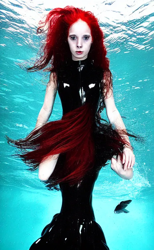 Prompt: portrait of a girl with long red hair in a black dress, under water, very beautiful style, girl wrapped in leather salafan bag black, photorealism george copeland ault