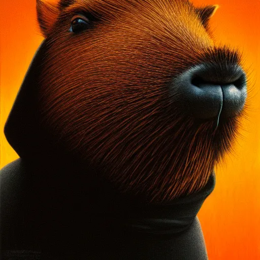 Image similar to a portrait of a capybara wearing a black hood, cloak covering face, anatomically correct, beautiful perfect face, enigmatic, oil painting, matte, black background, volumetric dynamic lighting, highly detailed, cinematic lighting, unreal engine, 8 k, hd, by beksinski