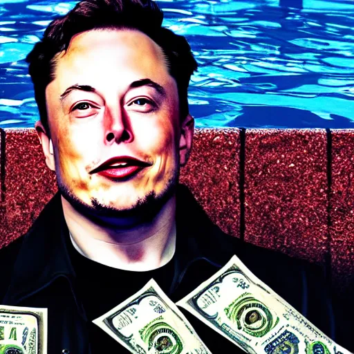 Prompt: Photography of elon musk swimming in a pool surrounded by dollar bills