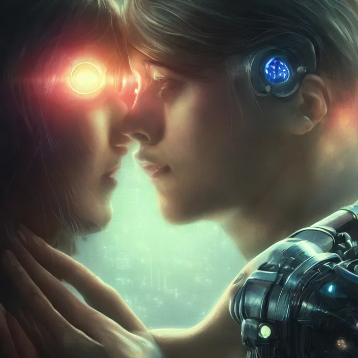 Image similar to ultra realistic medium shot of a couple of cyborgs kissing, lovers, cyberpunk, sci - fi, fantasy, kodak, colour led, soft light, volumetric lighting, night, intricate, highly detailed, digital painting, concept art, smooth, sharp focus, illustration, art by artgerm and greg rutkowski and alphonse mucha