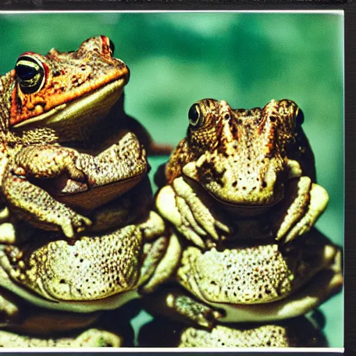 Prompt: stacked toads, polaroid photo,