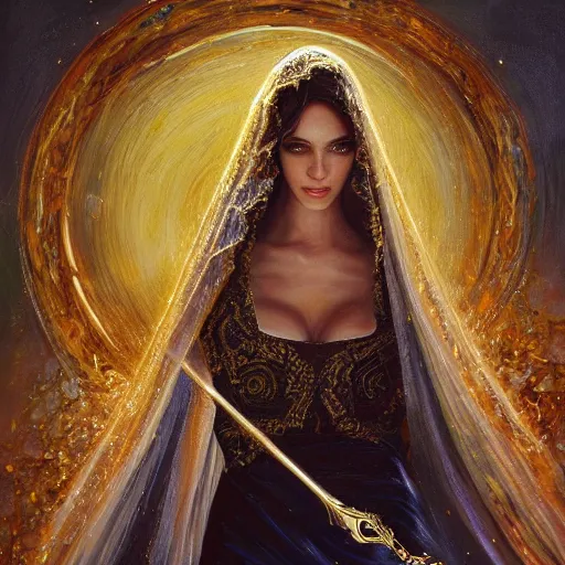 Image similar to beautiful gorgeous pristine spanish Goddess of life with a veil, dark Goddess of artificial intelligence creating an artificial neural network with gold synapses on an anvil with her scythe, high resolution, award winning art, trending on art station, sharp image, incredibly detailed, detailed character, realistic painting, hyper-realistic painting, coherent painting, master piece by ramon y cajal