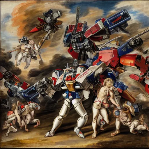 Image similar to peter paul rubens as consequences of wars with mecha gundam invited, random content position, delete duplicate content, photorealistic details content, incrinate, masterpiece, ultra detailed human anatomy structures.