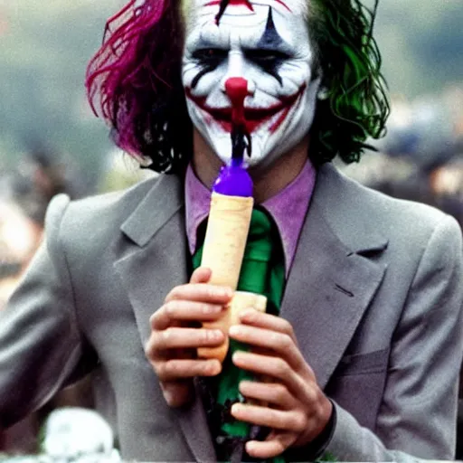 Image similar to photograph of the joker smoking a bong at woodstock, hazy, bloodshot eyes, laughing, circa 1 9 6 9