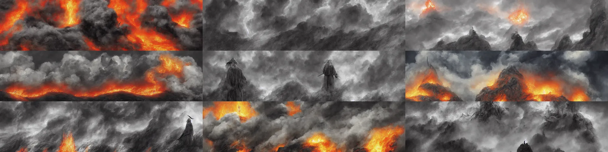 Prompt: gandalf inside a billowing cloud of flame and black smoke by alan lee, intricate, detailed, panoramic, digital painting, artstation