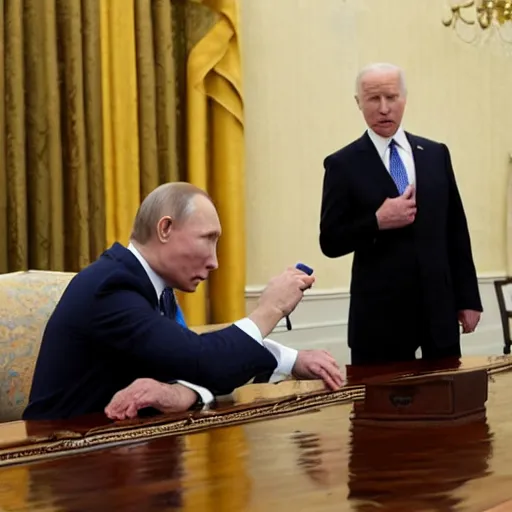 Image similar to photo of putin firing a water gun at biden face