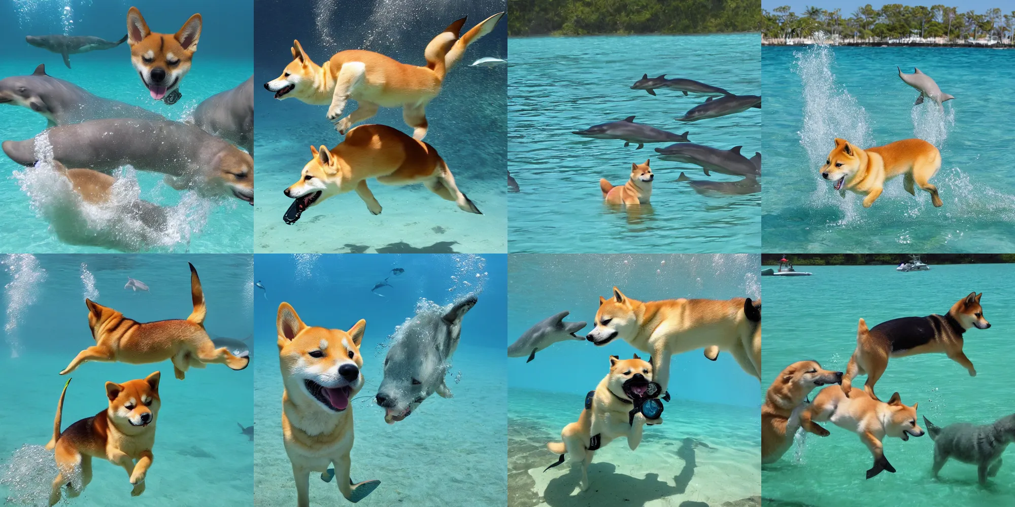 Prompt: a shiba inu scuba diving among the dolphins