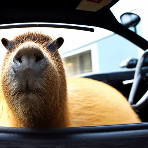 Prompt: capybara sitting in the front seat of a supercar, sunglasses