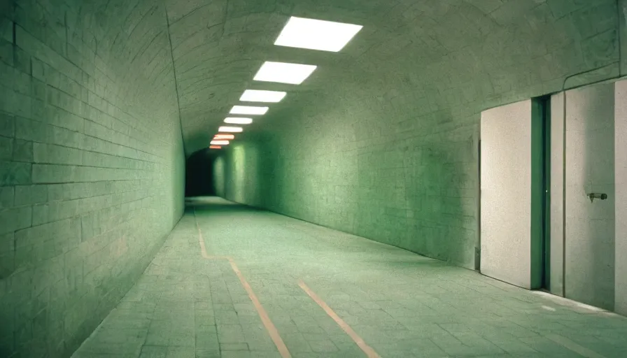 Image similar to 60s movie still of an empty tunnel with green tiles floor, cinestill 800t 50mm eastmancolor, liminal Space style, heavy grain