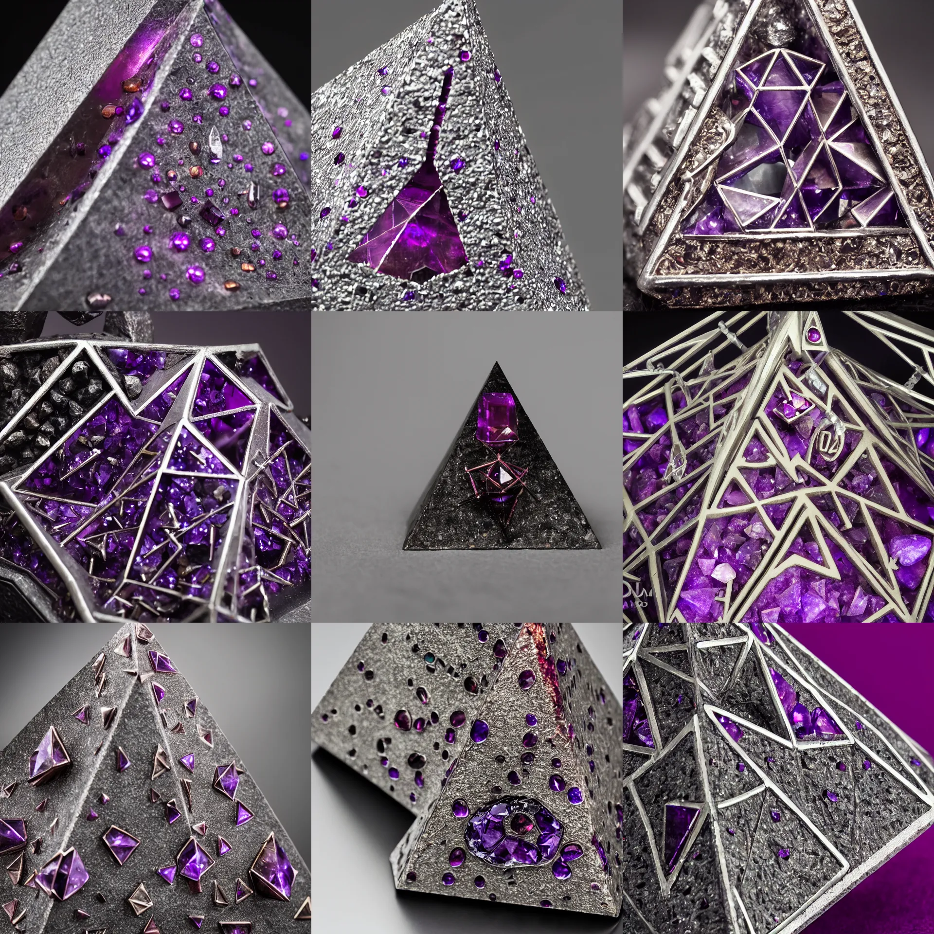 Prompt: studio photograph of a titanium pyramid embedded with amethyst, intricate detail, ruby dwarven runes, xf iq 4, 1 5 0 mp, 5 0 mm, f 1. 4, iso 2 0 0, 1 / 1 6 0 s, natural light, adobe lightroom, photolab, affinity photo, photodirector 3 6 5