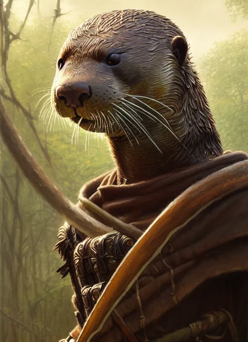 Image similar to a film still portrait of a otter warrior, finely detailed features, cinematic lighting, perfect art, brian jacques redwall woodland, forest, intricate, artstation, trending on pixiv fanbox, painted by brian jacques greg rutkowski, studio ghibli, fantasy, 4 k