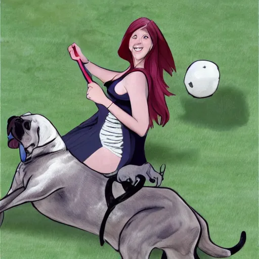 Prompt: girl riding a giant great Dane at the park catching a frisbee, trending on artstation