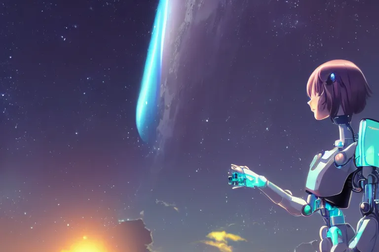 Prompt: makoto shinkai. robotic android girl. futuristic cyberpunk dystopia. vibrant nebula sky.