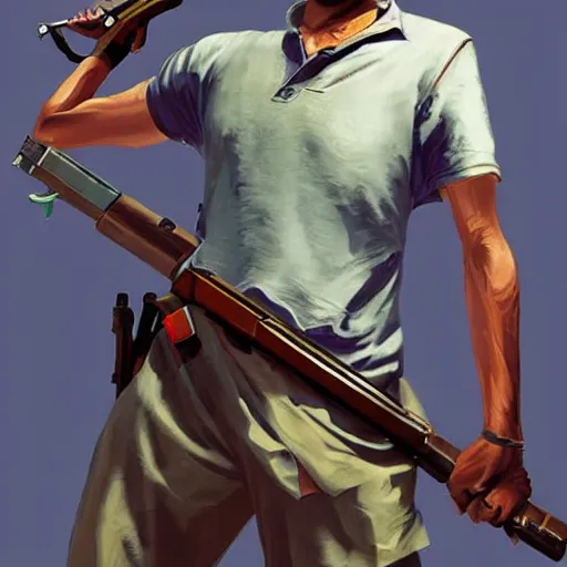 Prompt: Gandhi carrying a weapon in GTA V, cover art by Stephen Bliss, artstation