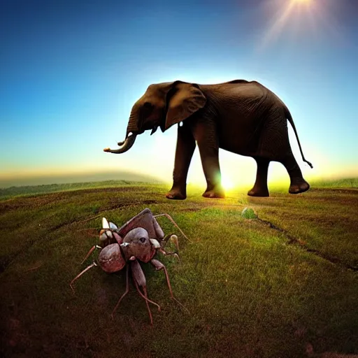 Image similar to An ants view up at an elephant, photograph, 4K, lens flare