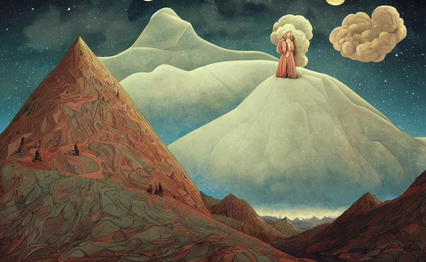 Image similar to mountains, stars and paisley filled sky, artstation, intricate, highly detailed, digital painting, concept art, sharp focus, illustration by Benjamin Lacombe and Piero della Francesca
