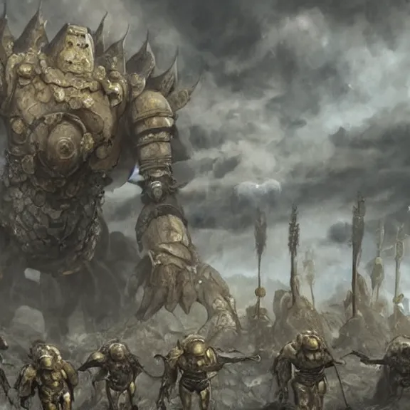 Image similar to moonstone, armoured chaos golem still frame from warhammer movie, legendary magical crystal construct by wayne barlowe, crystal golem fighting vast army by jakub rozalski, metal couture moonstone lightning elemental by malczewski