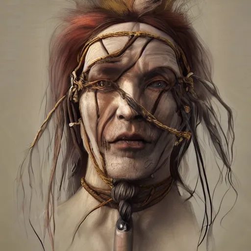 Image similar to portrait of a Shibari rope wrapped face and neck, headshot, insanely nice professional hair style, dramatic hair color, digital painting, of a old 15th century, old cyborg merchant, amber jewels, baroque, ornate clothing, scifi, realistic, hyperdetailed, chiaroscuro, concept art, art by Franz Hals and Jon Foster and Ayami Kojima and Amano and Karol Bak,