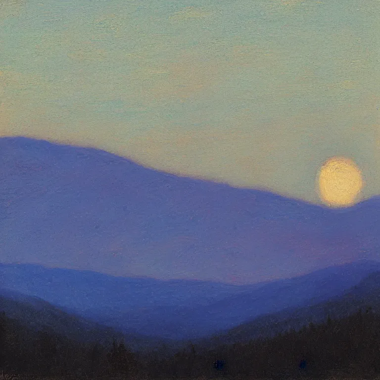 Image similar to new hampshire mountains, pale supermoon, clear sky, twilight, abbott handerson thayer, glaze oil painting, blue palette
