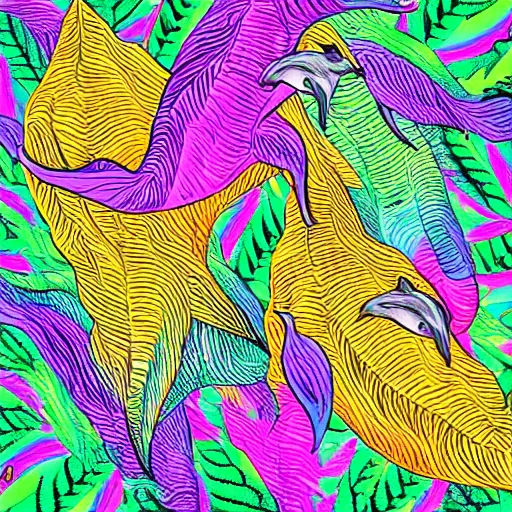 Image similar to dolphins jumping over a pile of hemp leaves in a psychedelic lisa frank style, digital art