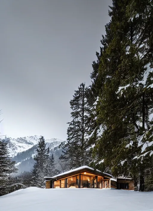 Image similar to an exquisite holiday home in the middle of the snowcapped mountains of france, visible through the lush overgrowth, architectural photography, dark and dim lighting, beautiful, tranquil, moody, cinematic, fantasy, 3 5 mm lens, volumetric lighting, first person view, photographic render, hyper realistic