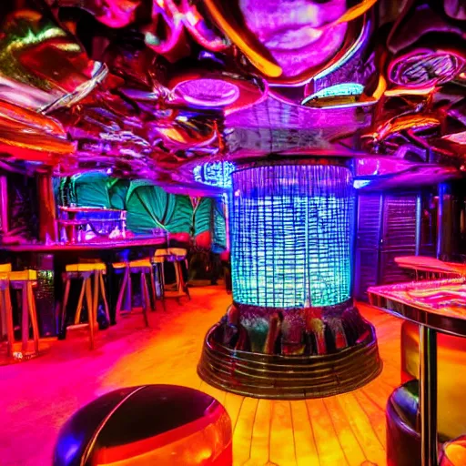 Image similar to architectural digest photo, inside dark and moody crowded futuristic neon tiki bar inside a yacht, many large tropical plants, open dance floor and dj booth, blue lighting with small pastel orange and pink accent lights, crowd of cool people dancing