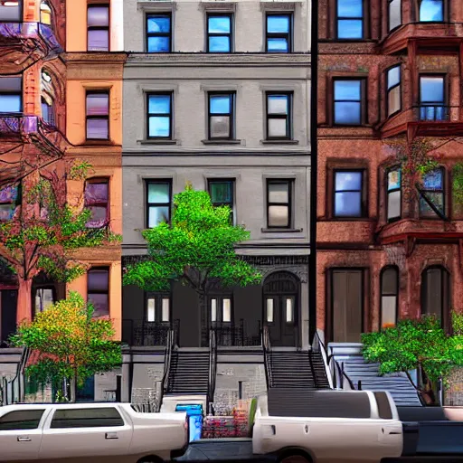 Image similar to nyc upper west side city street, brownstones, photorealistic