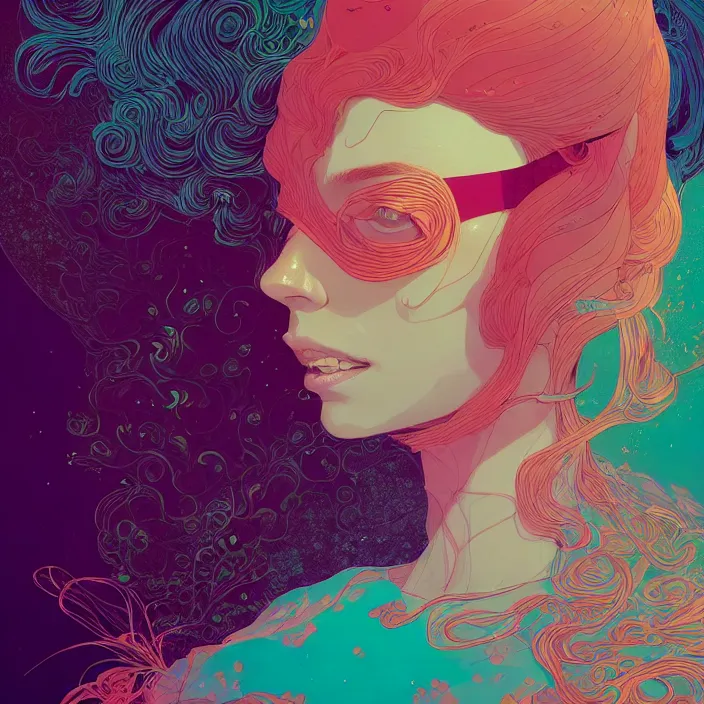 Prompt: portrait of beautiful women, blindfold, artstation winner by victo ngai, kilian eng and by jake parker, by conrad roset, swirly vibrant color lines, winning award masterpiece, fantastically gaudy, aesthetic octane render, 8 k hd resolution