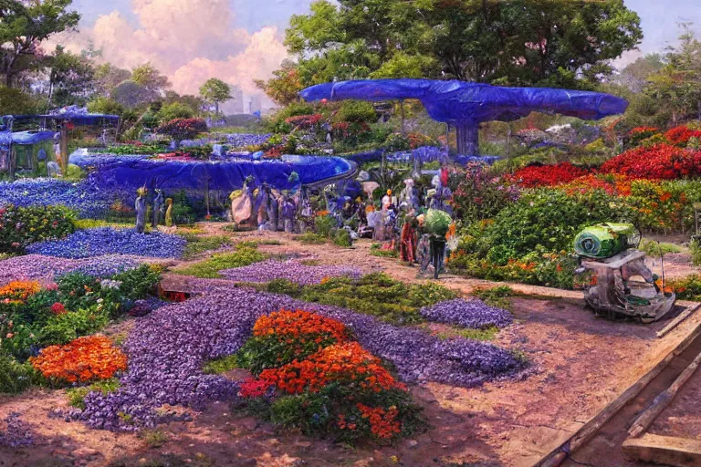 Prompt: oil painting, super - detailed scene electronics waste dump, cyberpunk garden, agbogbloshie, indigo blooming flowers garden, japanese sci - fi books art, artwork by jean giraud, hd, 4 k, high quality