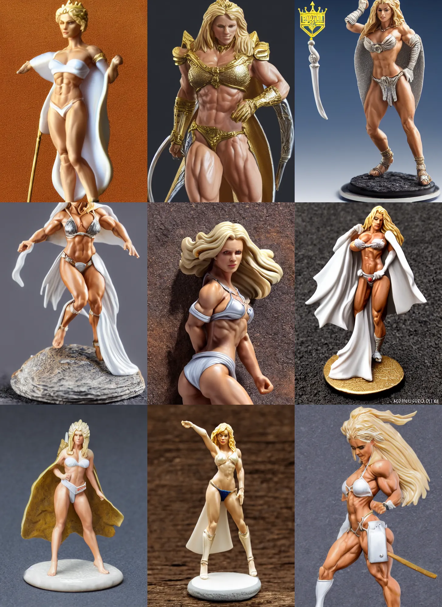 Prompt: 80mm resin detailed miniature of a Very Muscular Queen, long white cape, bikini-armor, light skin, short blonde hair, on textured disc base, Company logo in upper left corner; Miniature product Photo, 4K, Full body