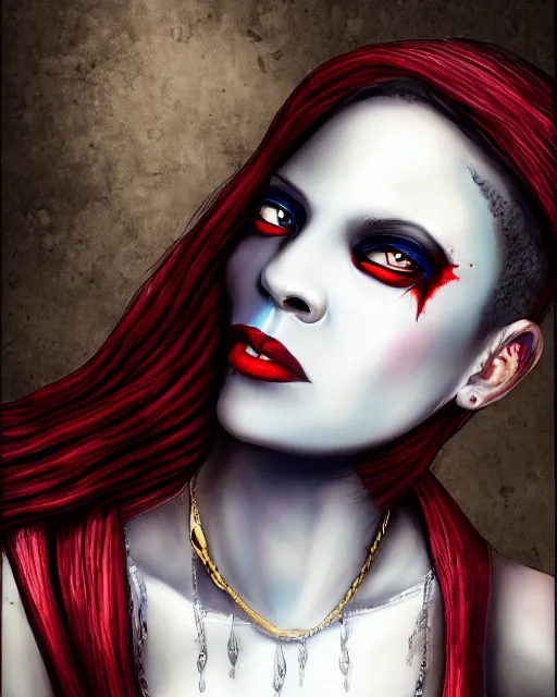 Image similar to beautiful ancient african androgynous demonic vampire girl, portrait, hyperrealistic, bloodstains