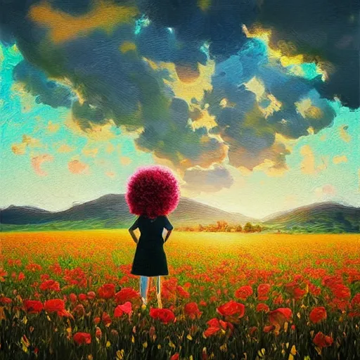 Prompt: giant flower afro, full body, girl standing in the middle of a field with flowers, surreal photography, hills, sunrise dramatic light, impressionist painting, colorful clouds, digital painting, pointillism, artstation, simon stalenhag