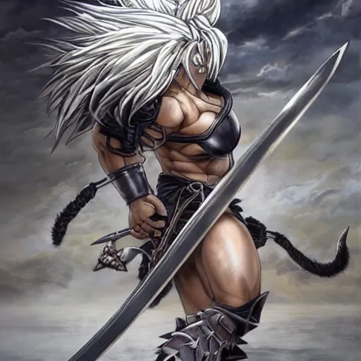 Image similar to realistic art style, warrior girl, muscular girl, wild spiky black saiyan hair, long spiky hair, electrified hair, holding scimitar made of bone, scimitar, sword, jagged sword, curved sword, orkish sword, colorized, gray skin, hyper - detailed, primeval fantasy, prehistoric fantasy, art by jacques - louis david