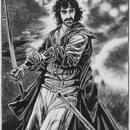 Image similar to pen and ink!!!! attractive 22 year old Frank Zappa x Daniel Radcliff golden Vagabond magic swordsman glides through a beautiful battlefield magic the gathering dramatic esoteric!!!!!! pen and ink!!!!! illustrated in high detail!!!!!!!! by Hiroya Oku!!!!! Written by Wes Anderson graphic novel published on shonen jump 2002 award winning!!!!