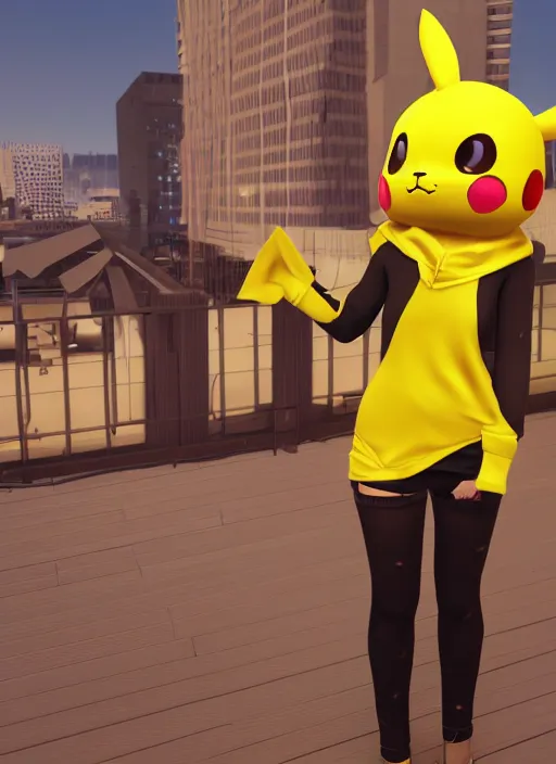 Image similar to vrchat, secondlife, imvu, 3 d model of a girl in a pikachu hoodie, hq render, detailed textures, artstationhd, booth. pm, highly detailed attributes and atmosphere, dim volumetric cinematic lighting, hd, unity unreal engine