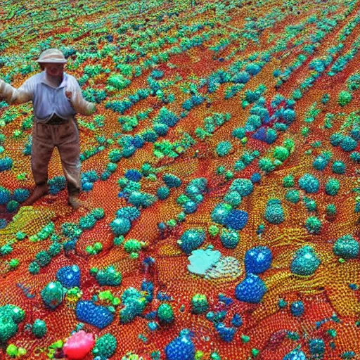 Image similar to a farmer of colorful blobs made of translucent slime trapping them and putting them in a pen
