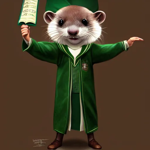 Image similar to a anthropomorphic ferret is dressed as a hogwarts student in slytherin robes, hyperdetailed, artstation, cgsociety, 8 k