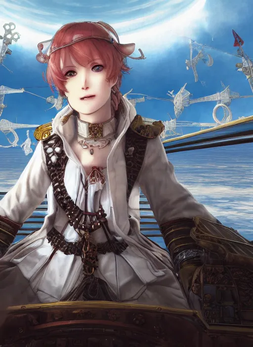 Image similar to character portrait of the white herald on the deck of an imperial airship in the sky, hidari, color page, tankoban, 4K, tone mapping, Akihiko Yoshida.