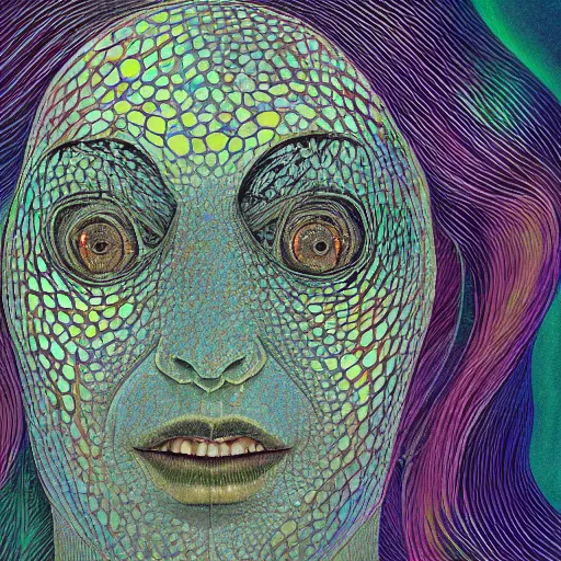 Image similar to dark underwater portrait of one Bioluminescent old woman, with cracked reaction diffusion semi-transparent skin. multicolored fish scales, face closeup. long dark hair. realistic. with many jellyfishes. intricate, very detailed, illustration, by alex grey and Moebius