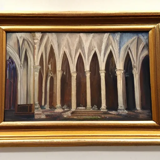 Prompt: oil painting of an abandoned cathedral